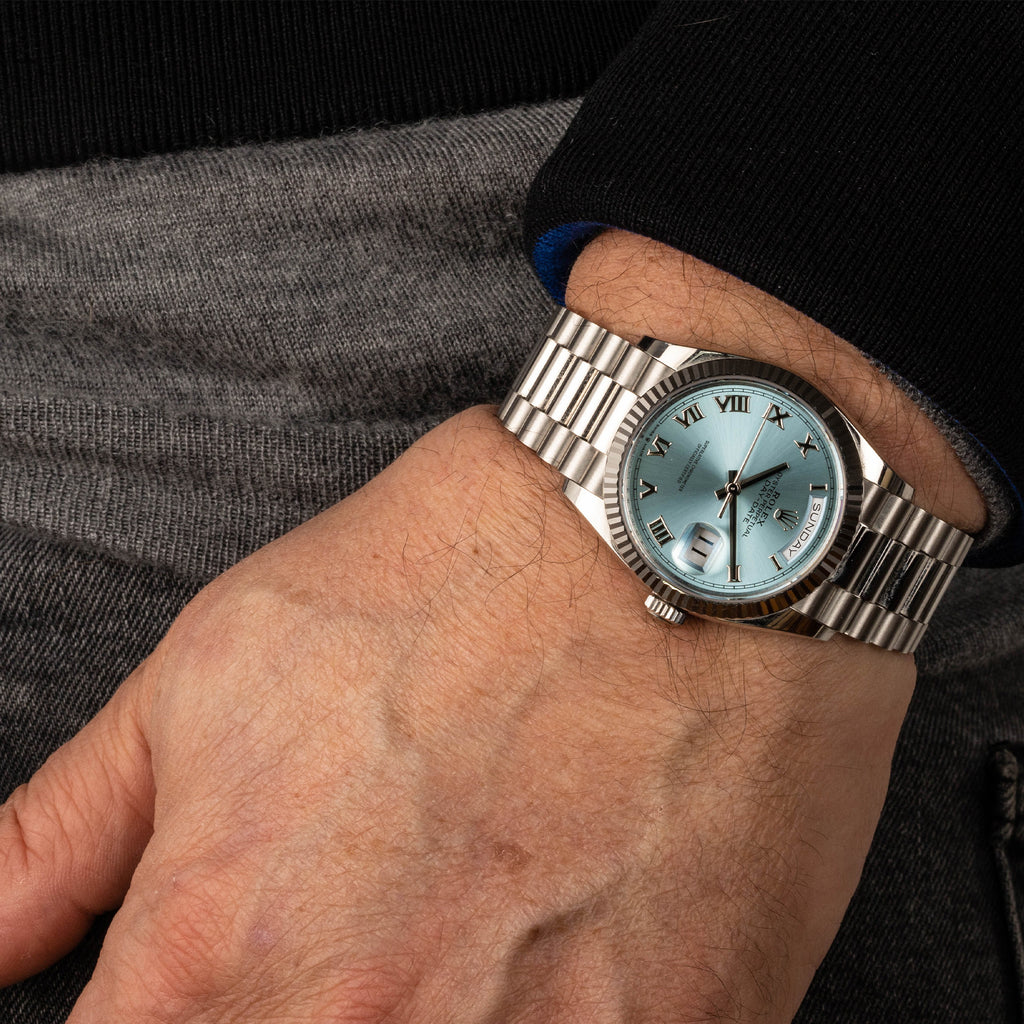 Blue Dial Day Date 36 On Wrist Rolex Platinum Day Date 36 Rolex