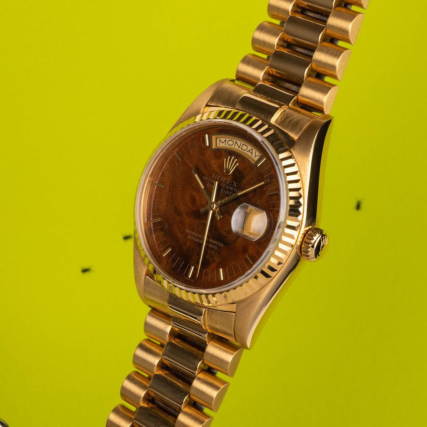1987 (circa) Rolex Day-Date in yellow gold ref 18038: Impressive WOOD DIAL