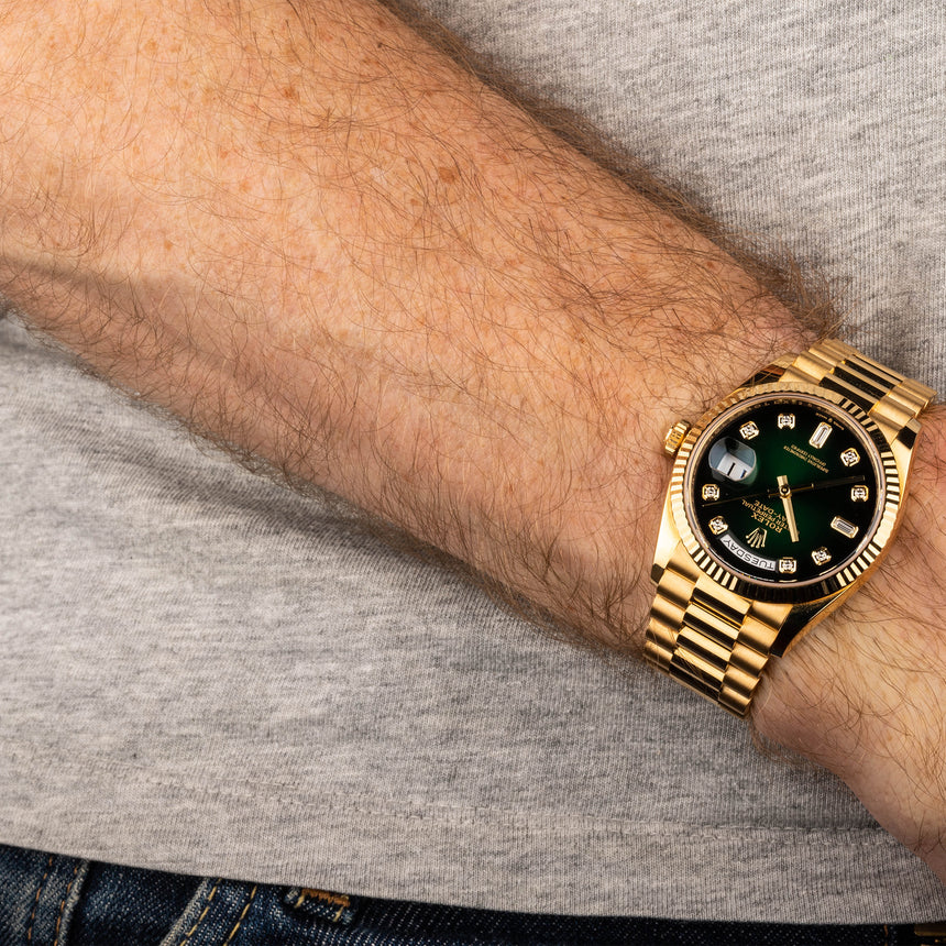 2021 Rolex Day-date in YG ref 128238 green diamond dial: TOP