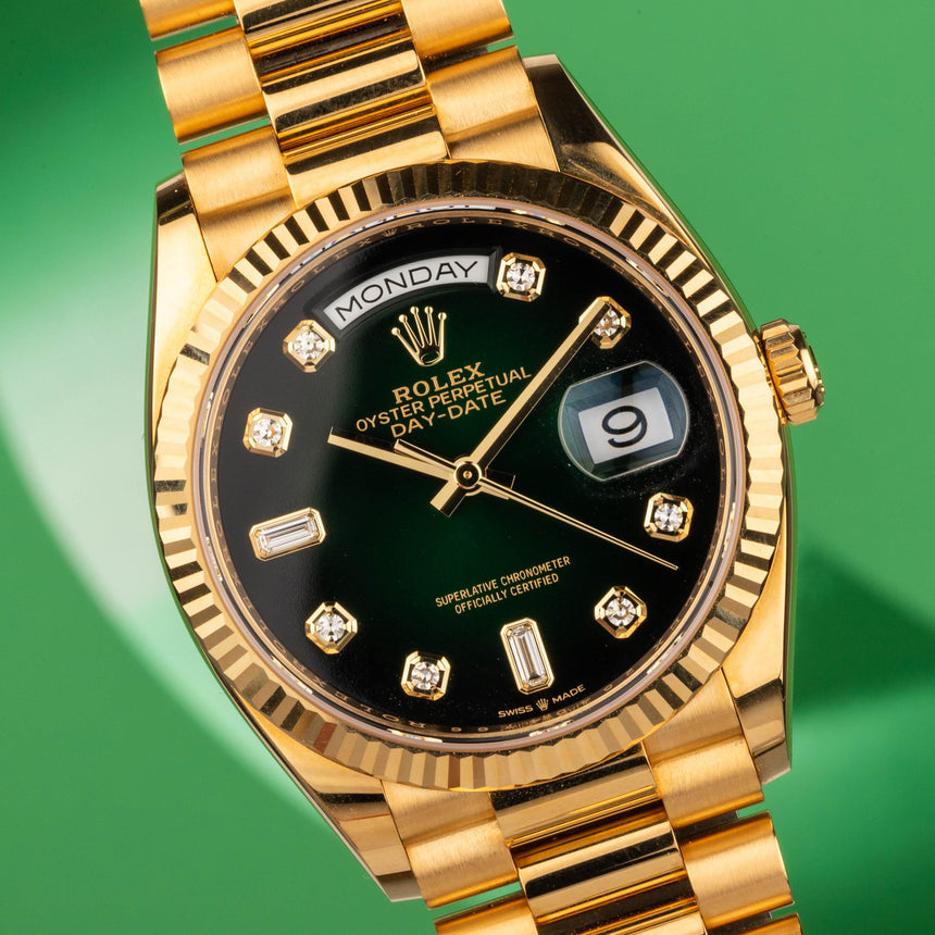 2021 Rolex Day-date in YG ref 128238 green diamond dial: TOP conditions like new