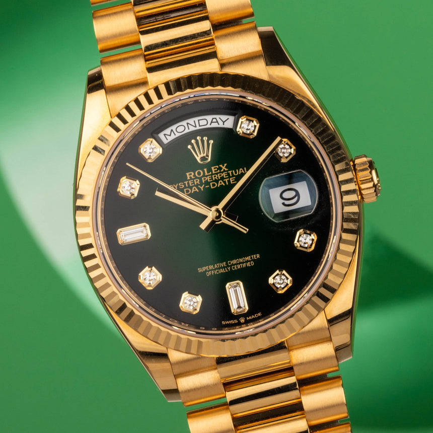 2021 Rolex Day-date in YG ref 128238 green diamond dial: TOP conditions like new