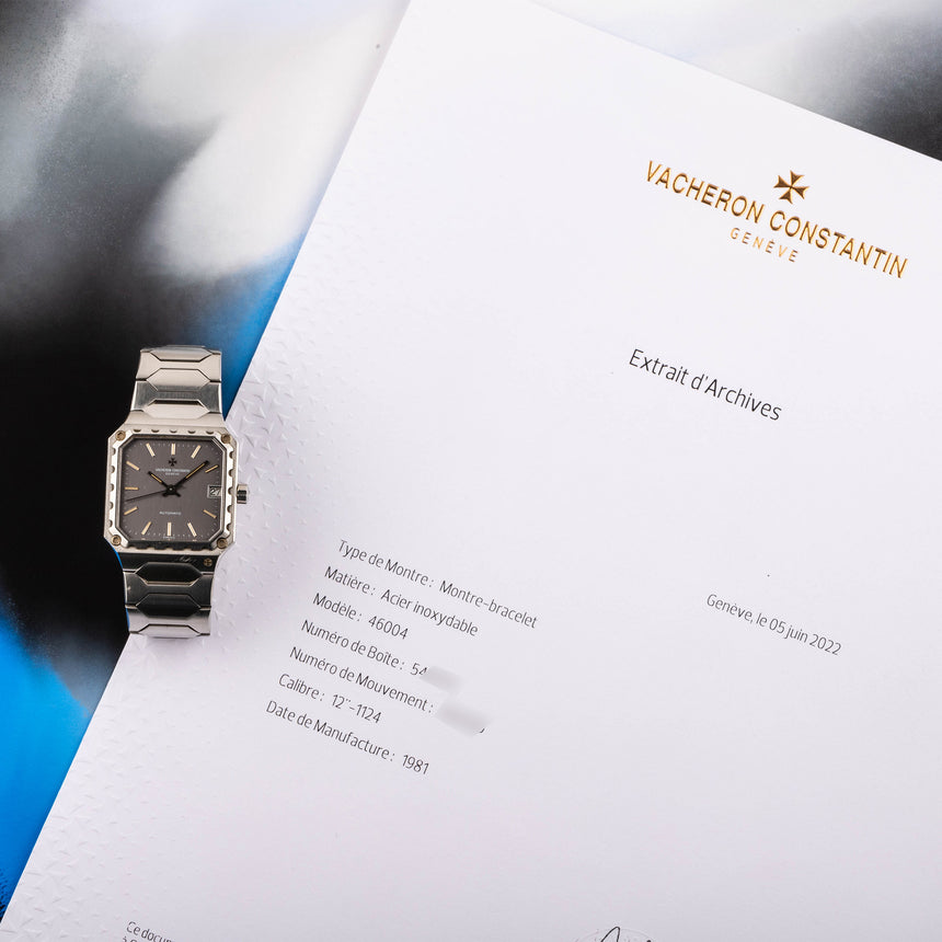 1981 RARE Vacheron Constantin ref 46004 Square 222 in steel: Extract of the archives