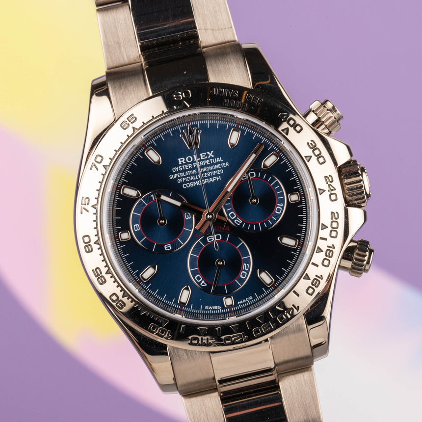 2005 Rolex Daytona in white gold with 2 dials (Original black racing + Blue dial) ref: 116509 Full set & Mint