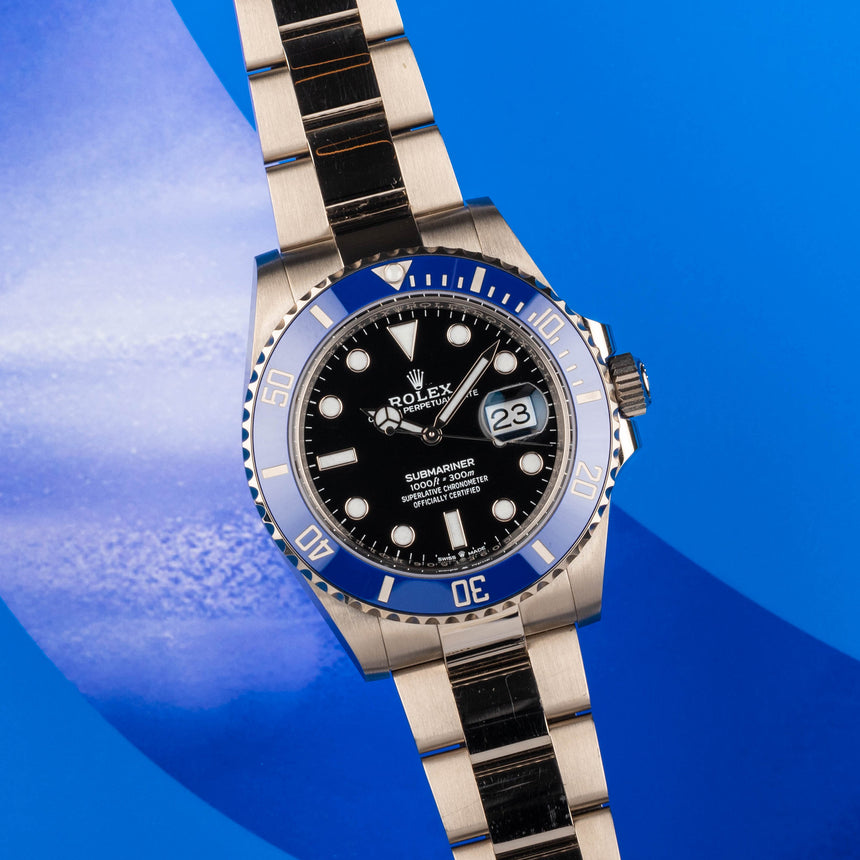 2022 Rolex Submariner in white gold, blue bezel, reference