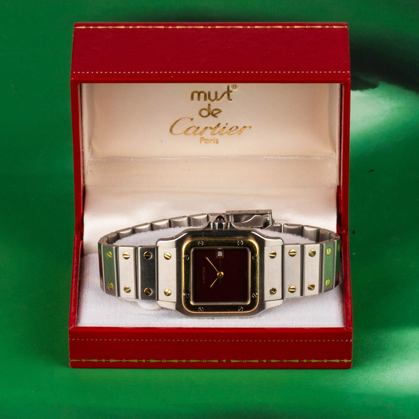 1990 (circa) Cartier steel & gold ref 2961 Santos: BURGUNDY & Box