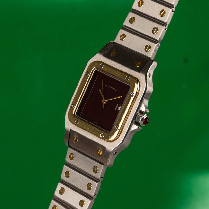 1990 (circa) Cartier steel & gold ref 2961 Santos: BURGUNDY & Box