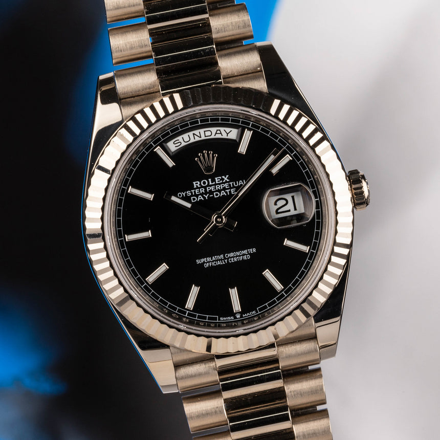 2023 Rolex Day-Date in white gold, reference 228239, black dial: Top conditions & full set