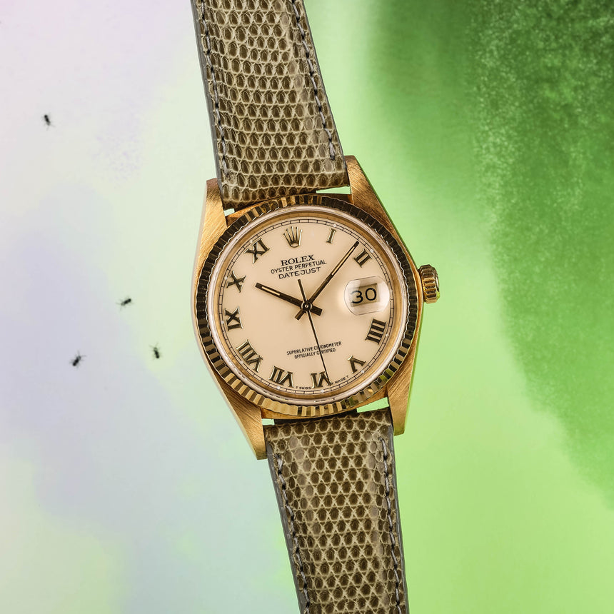 1980 Rolex Oyster Datejust in 18K yellow gold, reference 16018, Ivory enamel dial !