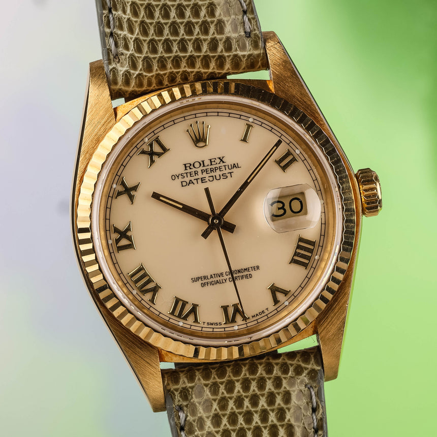 1980 Rolex Oyster Datejust in 18K yellow gold, reference 16018, Ivory enamel dial !