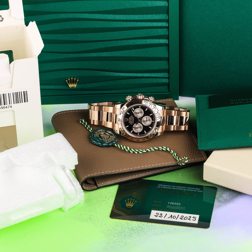 2025 (oct) Rolex Daytona Everose, reference 126505, black dial, NEW & ULTRA full set