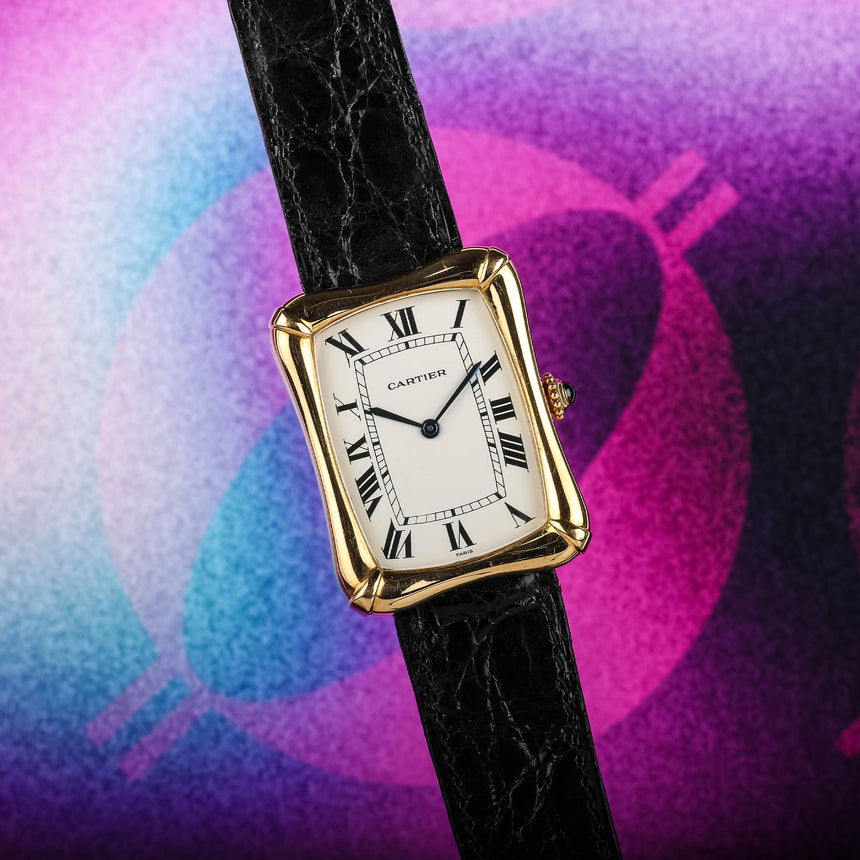 1978 Cartier Bamboo coussin jumbo, in yellow gold, original owner, watch + card: RARE ref 78102