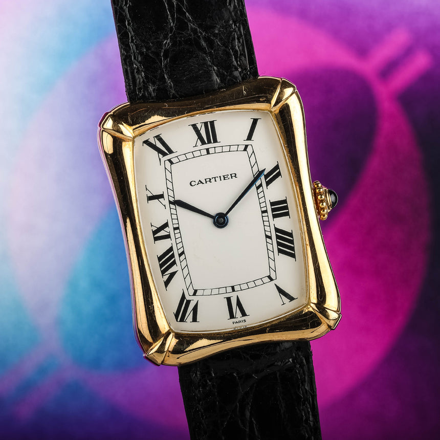 1978 Cartier Bamboo coussin jumbo, in yellow gold, original owner, watch + card: RARE ref 78102