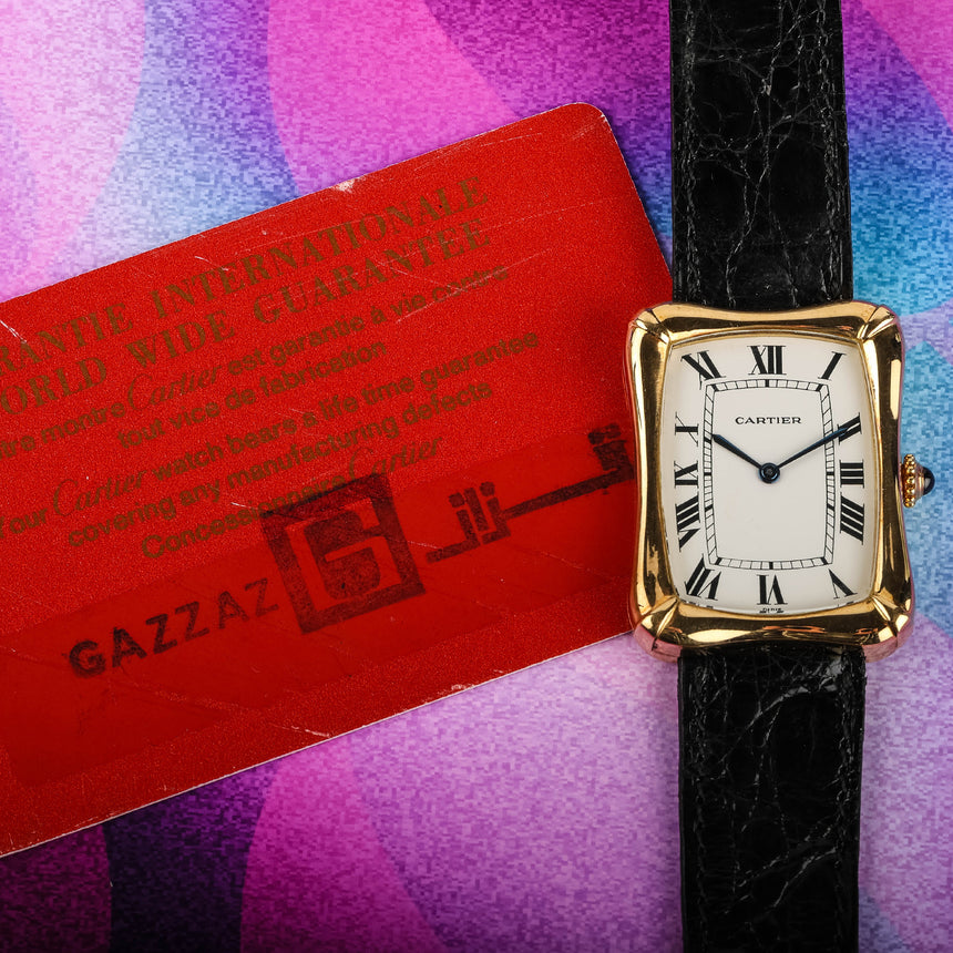 1978 Cartier Bamboo coussin jumbo, in yellow gold, original owner, watch + card: RARE ref 78102