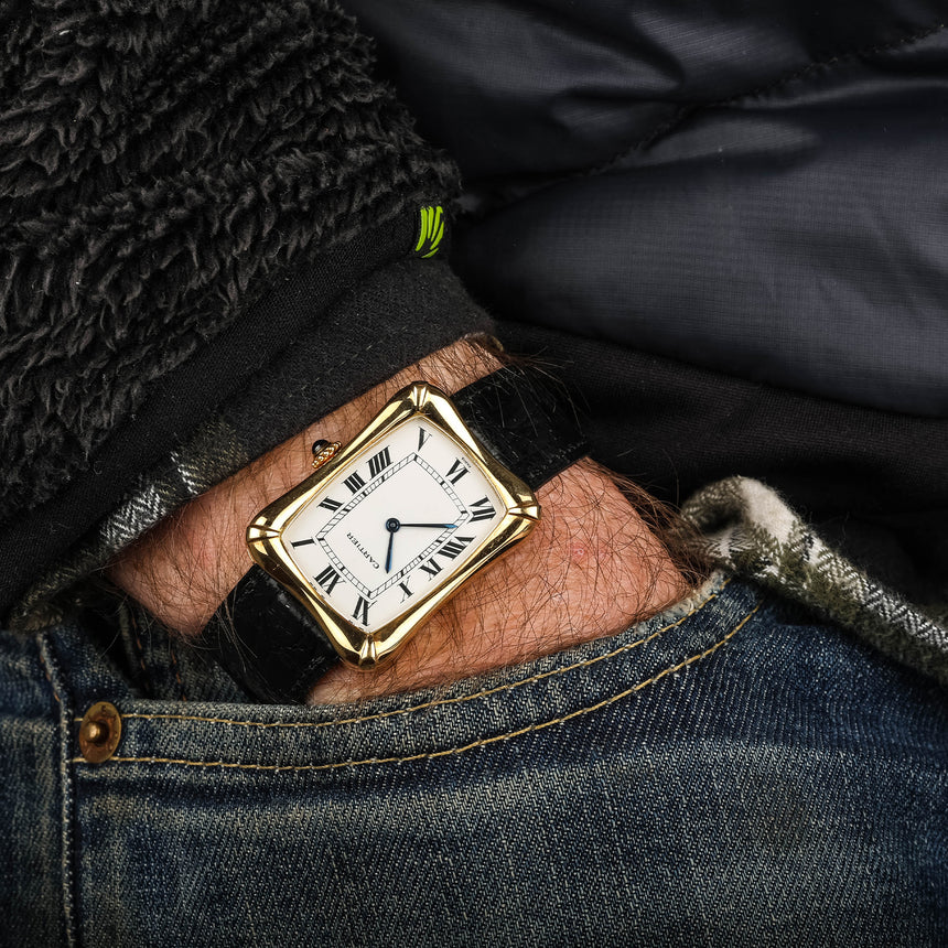 1978 Cartier Bamboo coussin jumbo, in yellow gold, original owner, watch + card: RARE ref 78102