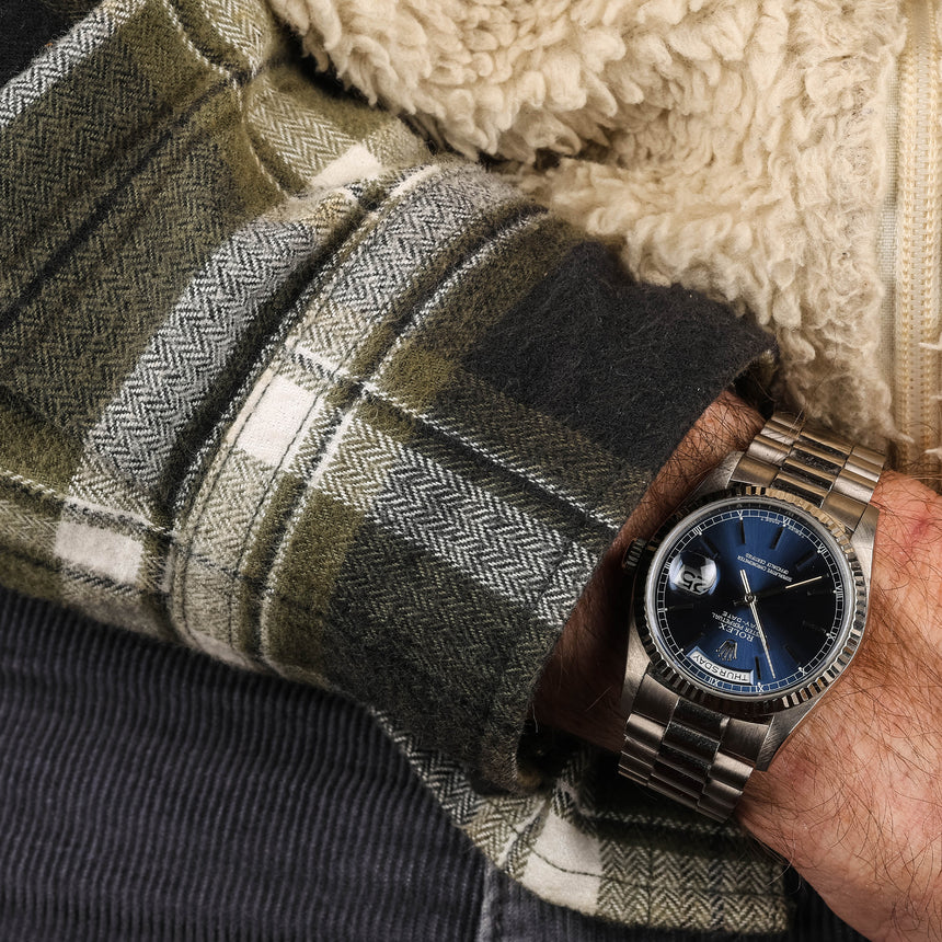 1996 (circa) Rolex Day-Date in white gold, blue dial, reference 18239, mint & beautiful