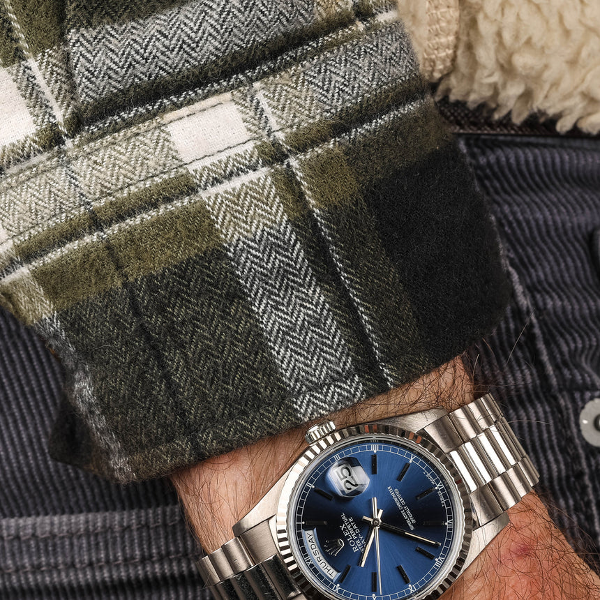 1996 (circa) Rolex Day-Date in white gold, blue dial, reference 18239, mint & beautiful