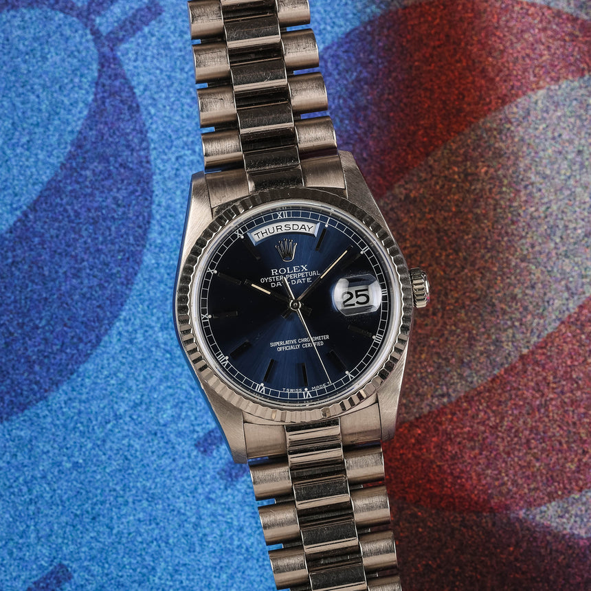1996 (circa) Rolex Day-Date in white gold, blue dial, reference 18239, mint & beautiful