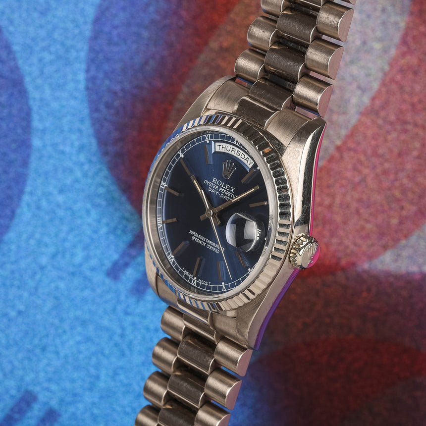 1996 (circa) Rolex Day-Date in white gold, blue dial, reference 18239, mint & beautiful