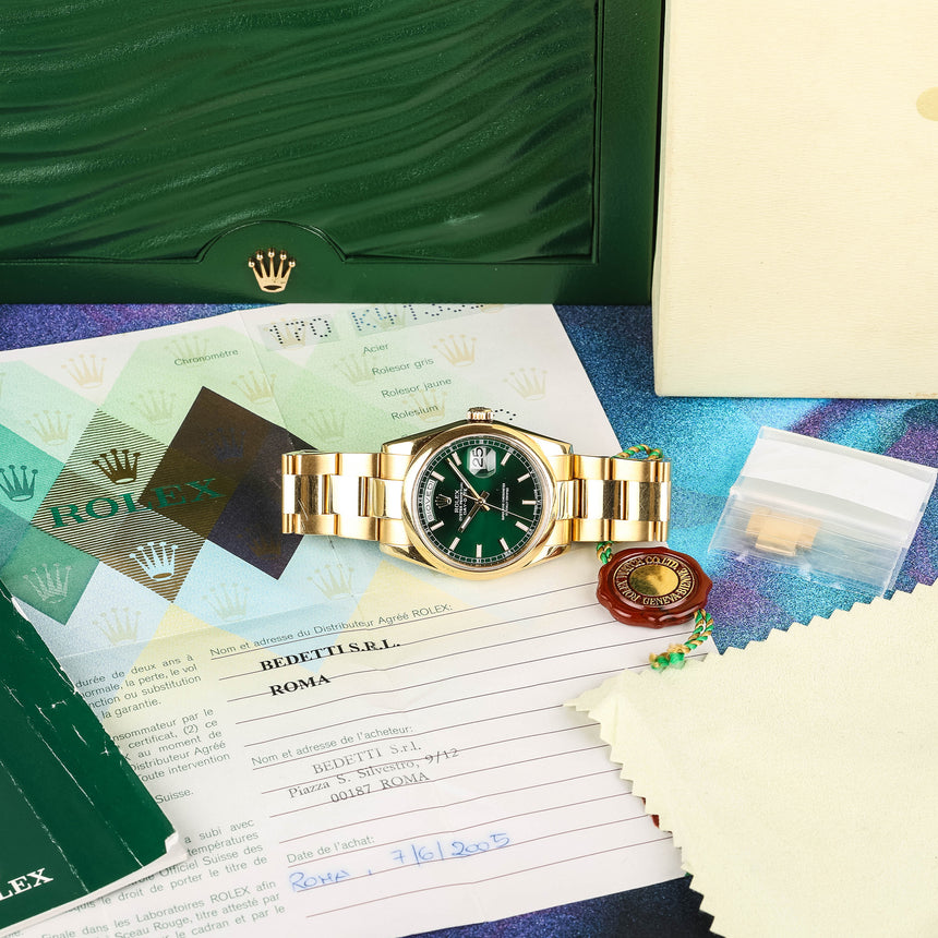 2005 Rolex Day-Date smooth style, reference 118208, green dial, top conditions, full set ! *