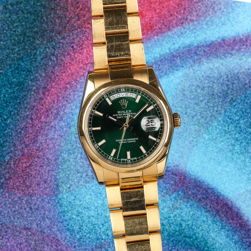 2005 Rolex Day-Date smooth style, reference 118208, green dial, top conditions, full set ! *