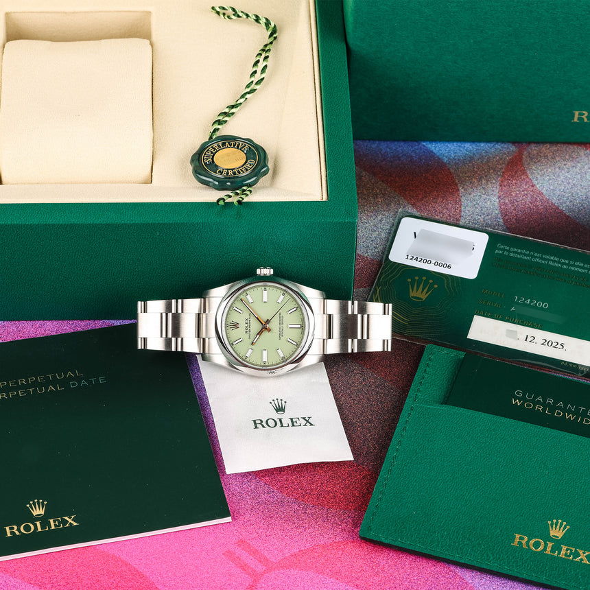 2025 Rolex Oyster perpetual in 34mm, reference 124200, Pistache Pistachio dial, NEW full set