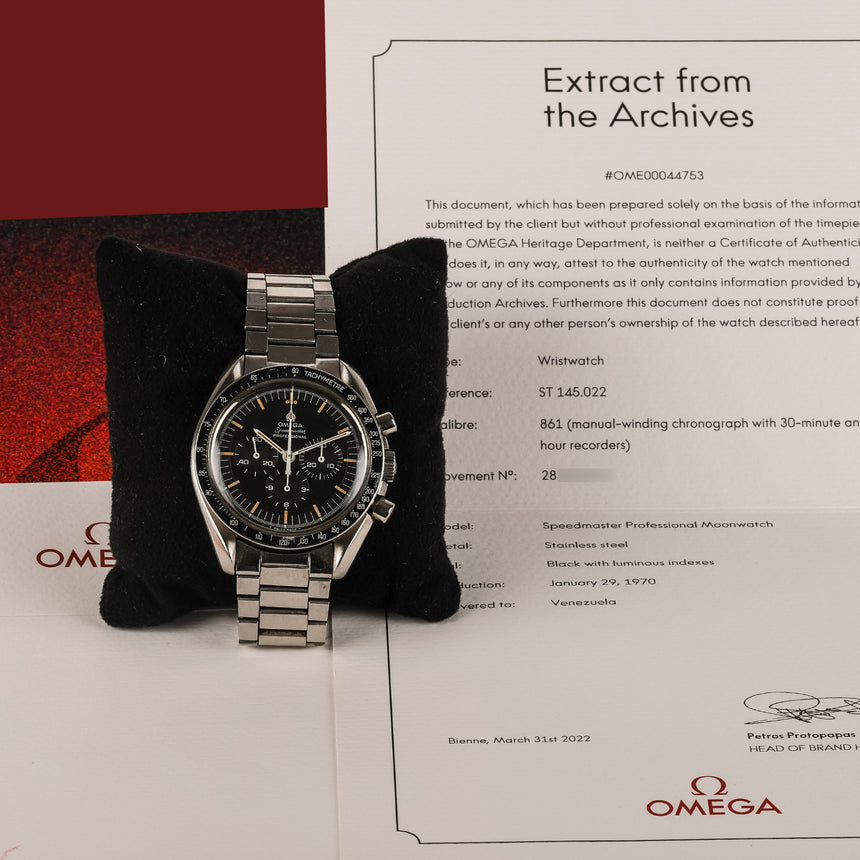 1970 Omega Speedmaster Moonwatch ref. ST 145.022 – Extract from Archives Stunning Patina & Brownish dial