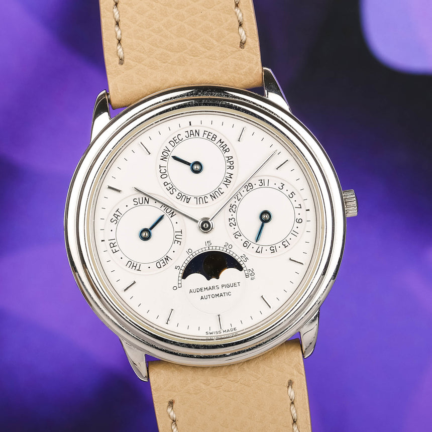 1990 (circa) VERY RARE 16 pieces only AP white gold perpetual calendar ref 25657BC: Certif & User guide