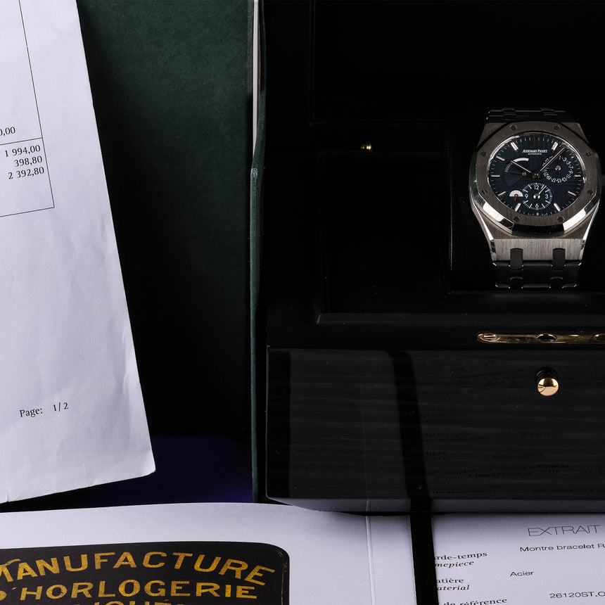 2009 Audemars Piguet Royal Oak Dual Time Blue dial ref: 26120st Boxes & Extract & AP Service !