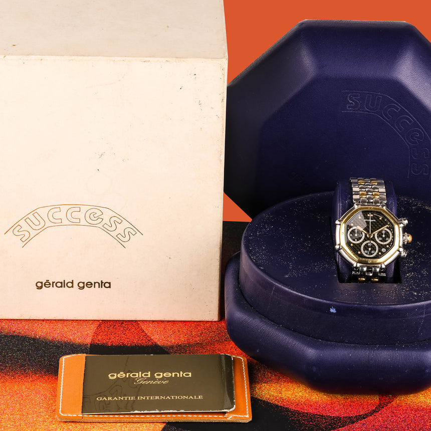 1990 (Circa) Gérald Genta Success Octagonal Chronograph with Faceted Carbon Fibre Dial Ref: 3388.7 Full Set Rare !