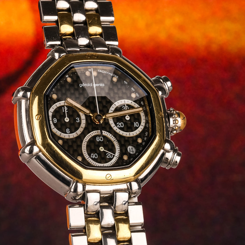 1990 (Circa) Gérald Genta Success Octagonal Chronograph with Faceted Carbon Fibre Dial Ref: 3388.7 Full Set Rare !