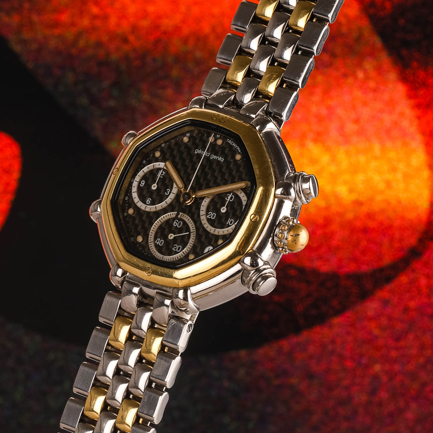 1990 (Circa) Gérald Genta Success Octagonal Chronograph with Faceted Carbon Fibre Dial Ref: 3388.7 Full Set Rare !