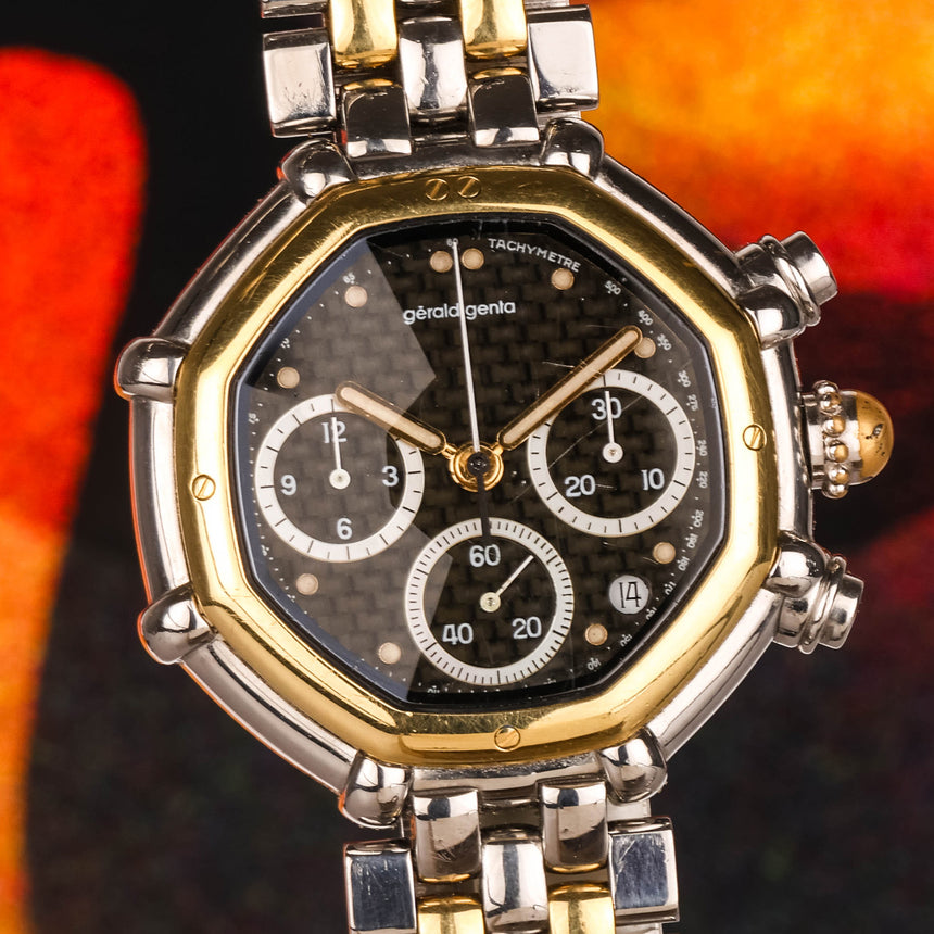 1990 (Circa) Gérald Genta Success Octagonal Chronograph with Faceted Carbon Fibre Dial Ref: 3388.7 Full Set Rare !
