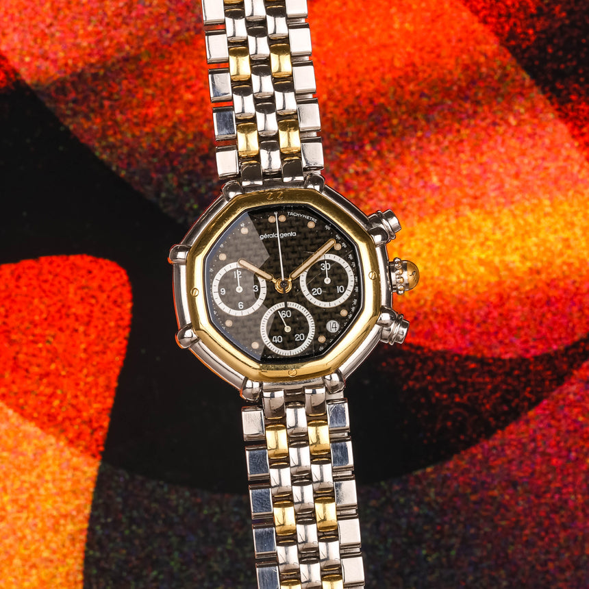 1990 (Circa) Gérald Genta Success Octagonal Chronograph with Faceted Carbon Fibre Dial Ref: 3388.7 Full Set Rare !