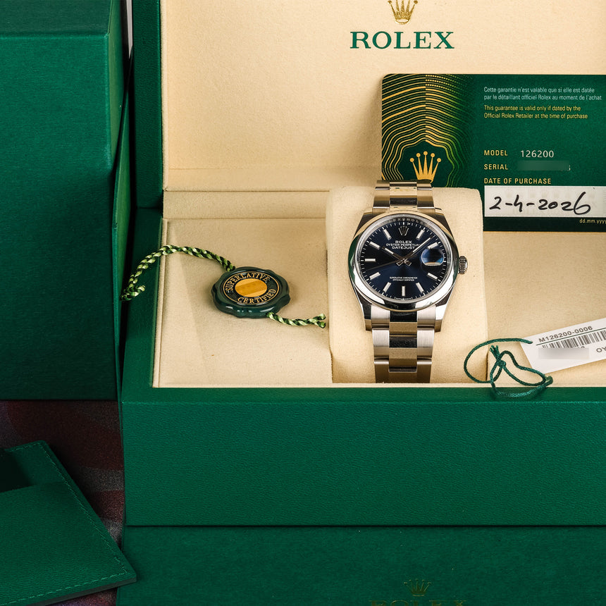 2026 Rolex Datejust blue Sunburst dial smooth bezel ref: 126200, Full set NEW STICKERS