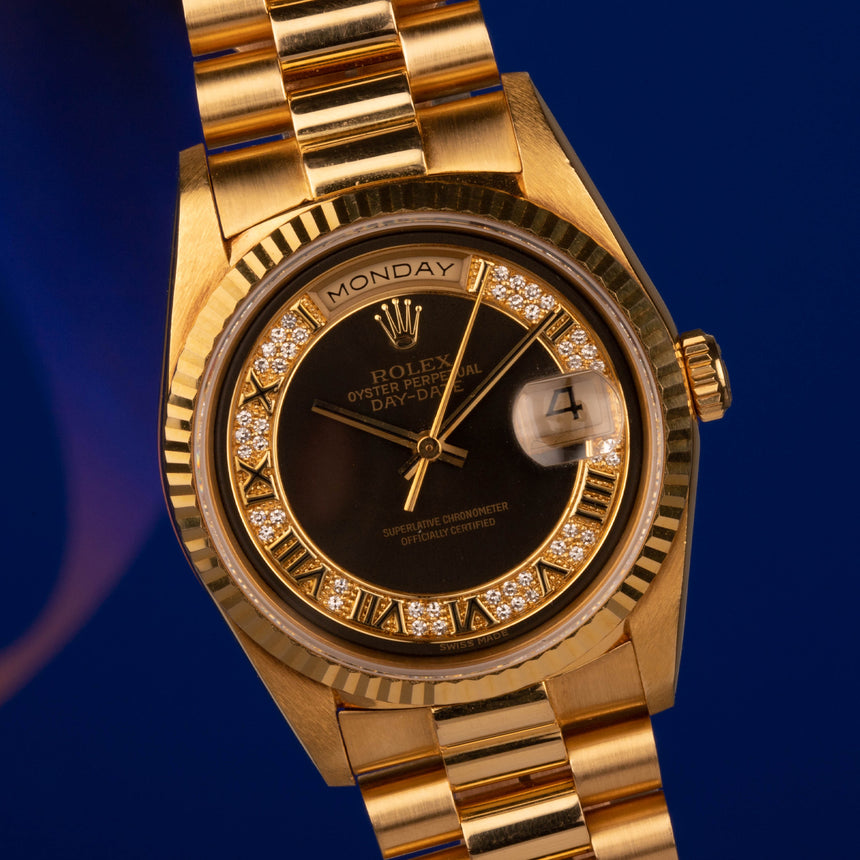 1991 (Circa) Rolex Day Date in Gold with black dial & factory diamonds ref 18238 Full set