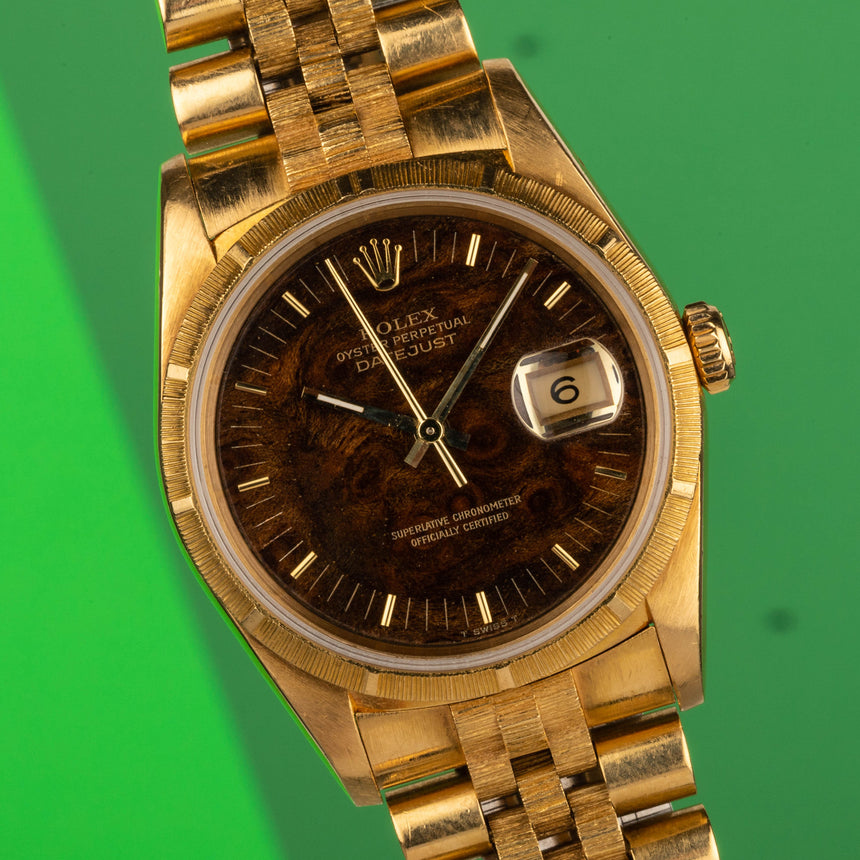 1993 Rolex 18K Yellow gold Datejust, bark finish, wood dial & Jubilee bracelet ref 16248: RARE