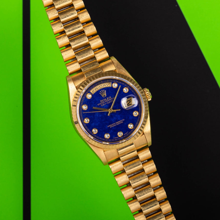 1990 Rolex Day-date ref 18238, double quick set, Lapis Lazuli pinball diamond dial