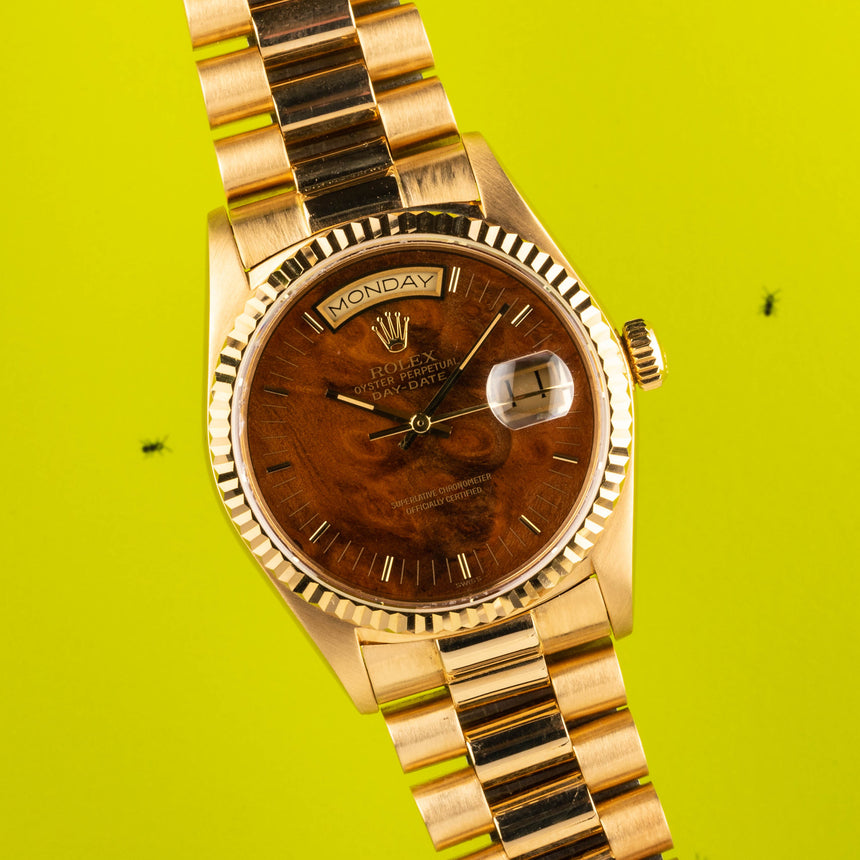 1987 (circa) Rolex Day-Date in yellow gold ref 18038: Impressive WOOD DIAL